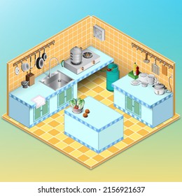 kitchen interior background from thai kitchen style with kitchenware isometric vector illustration 