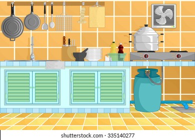 kitchen interior background from thai kitchen style with kitchenware. vector illustration.