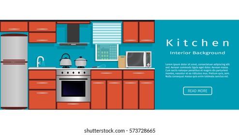 Kitchen interior banner for your web design. Housewife workplace organization. Flat vector illustration for website designers..