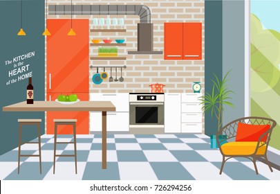Kitchen interior with bar counter, window. Loft interior. Vector flat style  illustration