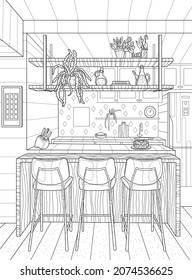 Kitchen interior with bar stools. Coloring book for adults. The interior of the room. Black and white illustration. 