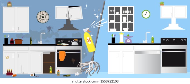 Kitchen Interior Before And After Deep Cleaning, EPS 8 Vector Illustration