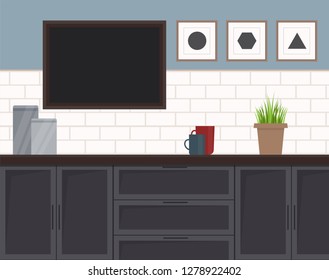 Kitchen interior with black chalk board for inscription. vector cartoon illustration