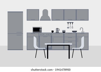 Kitchen interior in black and white.