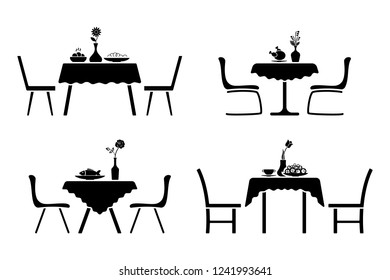 Kitchen interior black and white icon set. Table and chair cafe design pictogram