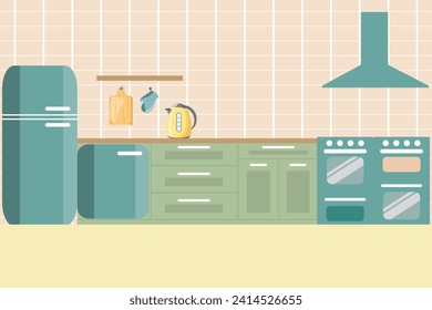 Cocina interior con armarios y electrodomésticos. Interior plano de estilo mínimo, vector