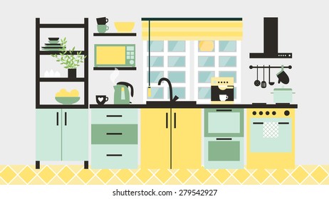 Kitchen interior card. Graphic kitchen interior. Vector illustration