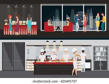 Kitchen interior with chef and Restaurant interiors, dining room and table of buffet on night city view on background vector illustration in flat design.