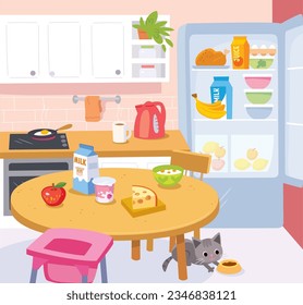 Kitchen interior for children illustration. Interior with furniture. Objects and food.