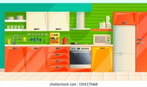 Kitchen interior with clean sink with kitchenware furniture and utensils. Washing dishes kitchen sink with clean dish and accessories in the dining room, order and comfort cartoon vector illustration.
