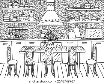 Kitchen interior coloring page. Cute coloring page with cozy kitchen and dining table.