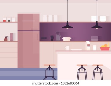 Kitchen interior. Comfortable dining-room Kitchen utensils and appliances Vector illustration