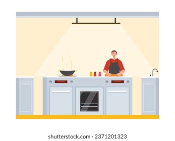 Cocina interior con equipamiento completo, con un hombre que usa un delantal para cocinar en una sartén y masa rodante. Diseño de caracteres. Ilustración plana del vector