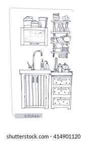 Kitchen interior concept. Line drawing by hand.A set of furniture and components cafe or kitchen. Can be used for banners, magazines, wallpaper, designs, web pages.
