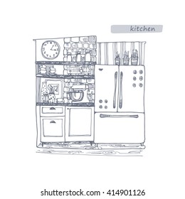 Kitchen interior concept. Line drawing by hand.A set of furniture and components cafe or kitchen. Can be used for banners, magazines, wallpaper, designs, web pages.