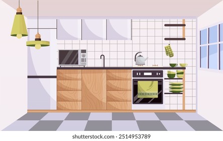 Concepto interior de la cocina. Muebles modernos de madera, microondas y nevera. Horno blanco junto a estantes con platos. Interior moderno y de moda en el apartamento. Ilustración vectorial plana