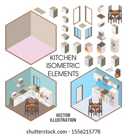 Kitchen interior constructor, vector flat isolated illustration. Isometric cutaway rooms empty and with furniture, window, door, home appliances. Kitchen creator.