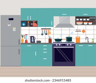 Kitchen interior, cooking. Furniture, refrigerator, sink, household appliances, gas stove, dishes. Vector illustration.