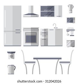 kitchen interior and cooking utensils in flat style.