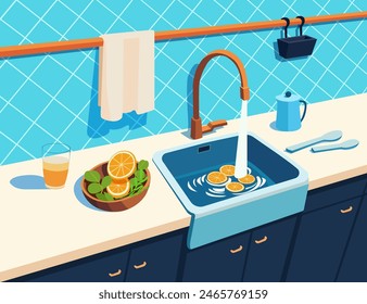 A kitchen interior. The countertop with a sink, a faucet, running tap water. A cartoon vector flat illustration.