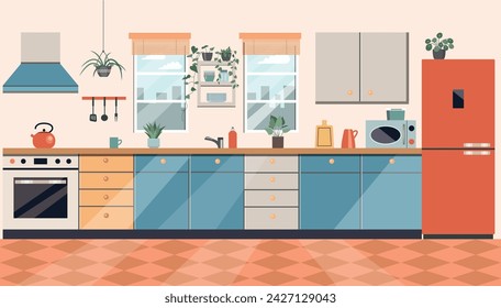 Kitchen interior cozy home food cooking and dining room poster vector flat illustration