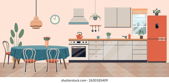 Kitchen interior cozy home food cooking and dining room poster vector flat cartoon illustration