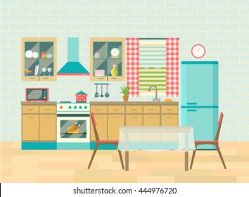 Kitchen interior cozy home food cooking and dining room poster vector flat illustration