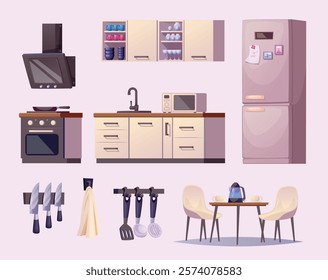 Kitchen interior. Cozy room with kitchen furniture composition and different professional utensil exact vector appliances