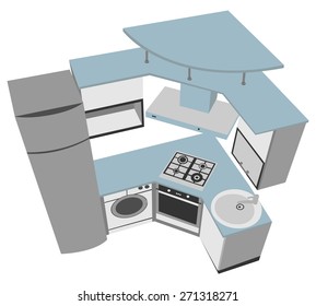 kitchen interior cutaway illustration modern style