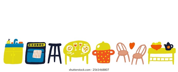 Kitchen interior cute hand drawn doodle composition, banner with funny hand drawn doodle oven, cooker, pot, dining table, chairs, sink, plates. Modern flat apartment elements