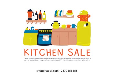 Kitchen interior cute hand drawn doodle composition, banner with funny hand drawn doodle oven, cooker, pot, dining table, fridge, sink, plates. Modern flat apartment elements