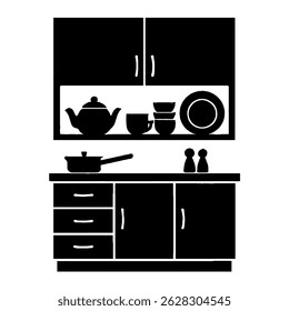 Kitchen interior design black silhouette vector illustration kitchenware and furniture design element