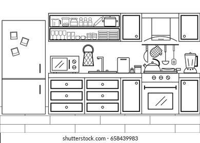 Kitchen Interior Design Black White Color Stock Vector (Royalty Free ...