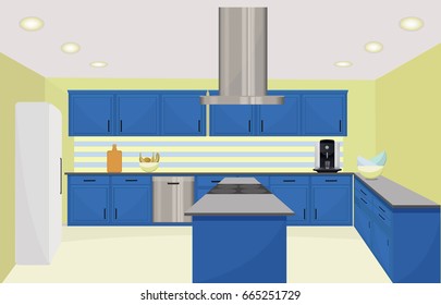 Kitchen interior design. Blue furniture in olive room.