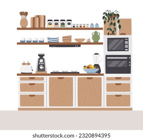 Kitchen interior design with cooking equipment and built-in appliances. Country style dining room with decor. Comfy and modern indoor scene. Mid-century kitchen set hand drawn flat vector illustration