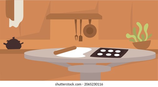 Kitchen interior design, cooking and preparing food. Table with dough and kitchenware, baking and making pastry. Home culinary recipes. Kettle and houseplant decorations. Vector in flat style