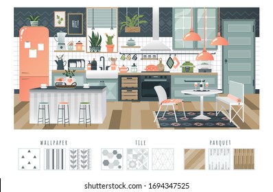 Diseño interior de cocina con ambiente acogedor, diseño cómodo y electrodomésticos modernos, ilustración vectorial. Decoración del mobiliario casero, baldosas y parqué en el suelo. Habitación de cocina de lujo vacía