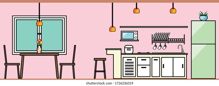 kitchen interior design, cupboard with kitchen appliance set, rice cooker, microwave, dishes, and cups and dining area, dining table, two chairs with a vase filled with flowers.