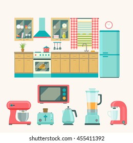  Kitchen interior design.Set of elements:refrigerator, stove, microwave,cupboards,coffee machine, toaster, blender. Vector flat illustration