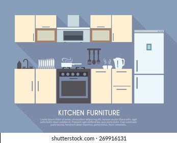 Kitchen interior design with furniture equipment and utensils flat vector illustration