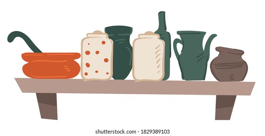 Kitchen interior design, isolated wooden shelf with cookware. Decorative cups and mugs, jugs and containers for spices. Plates and bowls, utensils for serving. Restaurant or cafe vector in flat