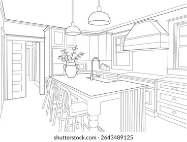 Desenho de linha de design de interiores de cozinha, ilustração de desenho de linha arquitetônica de um interior de cozinha moderno com uma ilha com assentos, pia, torneira, capô de gama, armários e janelas. Este