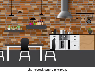 Kitchen interior design loft style with furniture.
