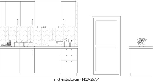 Kitchen Interior Design in Modern Style, Vector