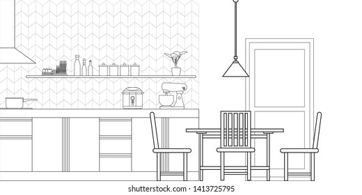 Kitchen Interior Design in Modern Style, Vector