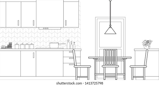 Kitchen Interior Design in Modern Style, Vector