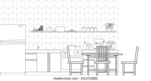 Kitchen Interior Design in Modern Style, Vector