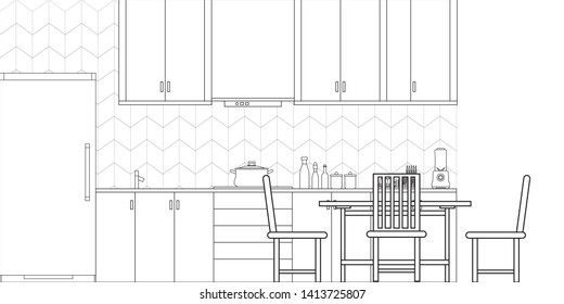 Kitchen Interior Design in Modern Style, Vector