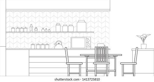 Kitchen Interior Design in Modern Style, Vector