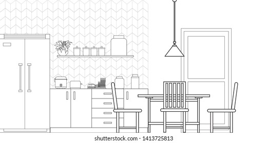 Kitchen Interior Design in Modern Style, Vector